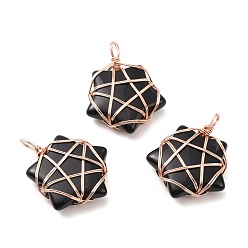 Обсидиан Природные подвески обсидиана, с медной проволокой оттенка розового золота, без кадмия и без свинца, звезда, 37~41x29~31x9~11 мм, отверстие : 4.5~6 мм