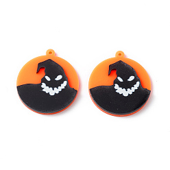 Ghost Opaque Acrylic Pendants, Flat Round Charm, Halloween Theme, Ghost Pattern, 35x31.5x4mm, Hole: 1.6mm