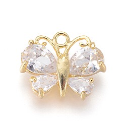 Golden Brass Cubic Zirconia Pendants, Long-Lasting Plated, Butterfly, Clear, Golden, 12x15x4mm, Hole: 1.5mm