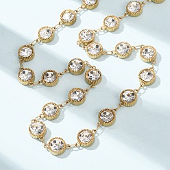 Flat Round 304 Stainless Steel Glass Link Chain Necklaces, Clear, Ion Plating(IP), Golden, Flat Round, 14.57 inch(37cm)