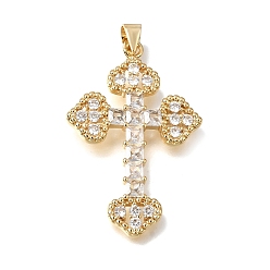Real 18K Gold Plated Brass Micro Pave Clear Cubic Zirconia Pendants, Cross Charms, Lead Free & Cadmium Free, Long-Lasting Plated, Rack Plating, Real 18K Gold Plated, 36.5x24x2.5mm, Hole: 4x3.5mm