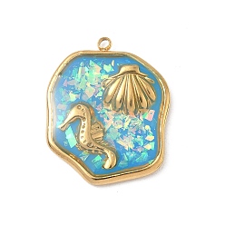 Темно-Голубой 304 подвески из нержавеющей стали, эпоксидной смолы, с натуральными ракушками и пайетками внутри, самородки с подвесками в форме морского конька и ракушки, реальный 18 k позолоченный, вакуумное покрытие pvd, глубокое синее небо, 24x19.5x2.5 мм, отверстие : 1.5 мм