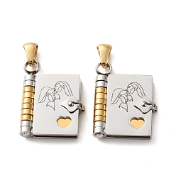 Golden & Stainless Steel Color 304 Stainless Steel Pendants, Book with Couple Charms, Polished, Ion Plating(IP), Golden & Stainless Steel Color, 25x18x4.5mm, Hole: 5.5x2.5mm