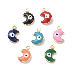 Mixed Color Brass Enamel Pendants, Real 18K Gold Plated, Moon with Evil Eye, Mixed Color, 10.5x7x3mm, Hole: 1.4mm