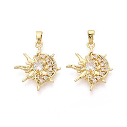 Настоящее золото 18K Латунные микропаве прозрачные подвески с фианитом, солнце с лунными чарами, реальный 18 k позолоченный, 22x19x3.5 мм, отверстие : 4.5x2 мм
