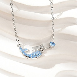 Светло-Голубой Латунные микропаве кубические цирконии сердце русалка кулон ожерелья для женщин, платина, Небесно-голубой, 16.54 дюйм (42 см)
