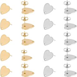 Золотой & Цвет Нержавеющей Стали 20 шт. 2 цвета ионное покрытие (ip) 304 фурнитура для сережек-гвоздиков из нержавеющей стали, с ушными гайками / серьгами и отверстием, формы сердца, золотые и нержавеющая сталь цвет, 12x13x1 мм, штифты : 0.8 мм, 10 шт / цвет