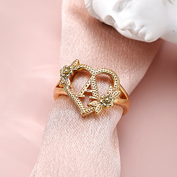 Letter A Сердце с цветком полые латунные перстни, золотые, буква a, внутренний диаметр: 17 мм