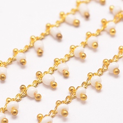 Floral White Handmade Seed Beaded Chains, Soldered, with Spool, with Brass Findings, Floral White, 6x2~3mm, about 32.8 Feet(10m)/roll