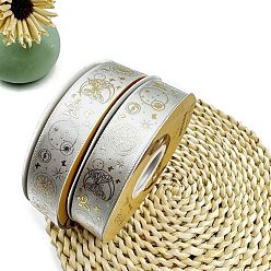 Gray Golden Hot Stamping Butterfly Star Pattern Polyester Ribbons, for DIY Handmade Craft, Hair Bowknots and Gift Decoration, Gray, 1 inch(25mm), 48 Yards/Roll