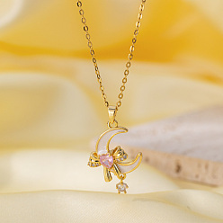 Луна Женские подвески-колье из латуни с микропаве из прозрачных кубических цирконий и эмалью, белые, золотые, луна, 15.75 дюйм (40 см), Кулон : 26x18.2 мм