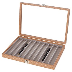 Верблюжий 10-слотовый деревянный футляр для ручек, Коллекционный ящик для хранения со стеклянной крышкой и защелкой., прямоугольные, верблюжие, 350~355x240x49 мм, внутренний диаметр: 310x200 мм