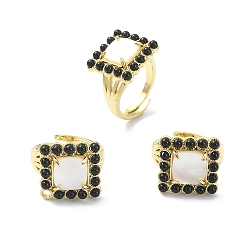 Black Agate Natural Dyed & Heated Black Agate & Shell Rectangle Adjustable Ring, Real 18K Gold Plated Brass Wide Ring for Women, Inner Diameter: 17mm
