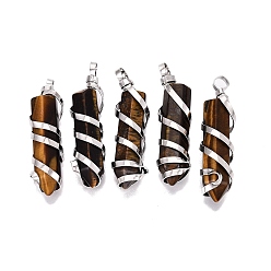 Ojo de Tigre Ojo de tigre natural, señaló colgantes, Amuletos con forma de bala facetada envuelta en latón, Platino, 39~44x11~13x10~11.5 mm, agujero: 2.5~5 mm