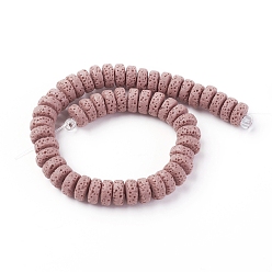 Pink Natural Lava Rock Beads Strands, Dyed, Flat Round/Disc, Pink, 8~8.5x3~4mm, Hole: 2mm, about 62 pcs/Strand, 7.87 inch(20 cm)
