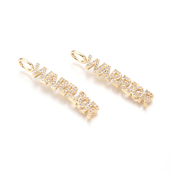 Golden Brass Micro Pave Clear Cubic Zirconia Pendants, Word Warrior, Golden, 39.5x7x2.5mm, Hole: 3.5x5.5mm