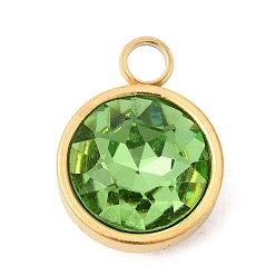 Зеленый Тема камней-талисманов августа 304 подвески из нержавеющей стали, плоский круглый шарм, с k 9 стеклом, полировка, ионное покрытие (ip), граненые, зелёные, 16x12x7 мм, отверстие : 2.7 мм