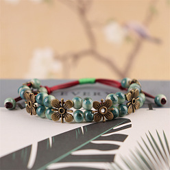 Темный Голубой Браслеты из плетеных бусин из сплава и фарфора ручной работы для женщин, клевер, воском шнура, темные голубые, 5-7/8~11-3/4 дюйм (15~30 см)