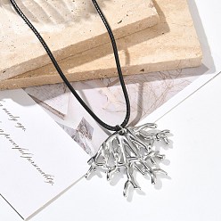 Stainless Steel Color Summer Beach 304 Stainless Steel Coral Shape Pendant Adjustable Black Waxed Cord Necklaces for Women, Stainless Steel Color, 28.35 inch(72cm)