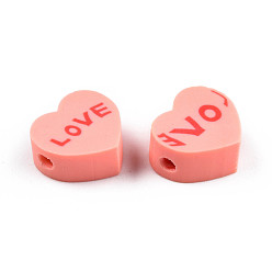 Легкий Лосось Бусины из полимерной глины , сердце со словом "love", светлый померанцевый, 9~10x9.5~10.5x4~4.5 мм, отверстие : 1.6 мм