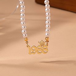 Number Женские ожерелья из круглого белого бисера с имитацией жемчуга и подвеской в виде короны в виде года рождения, золотые, число 1988, 14.96 дюйм (38 см)