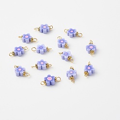 Lilac Handmade Polymer Clay Links Connectors, with Golden Brass Findings, Flower, Lilac, 9.5x18.5x4mm, Hole: 2~3mm