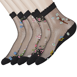 Черный 5пары женских носков из цветочного цинлона и стеклянного шелка, чёрные, 330~340x75~80x2~6 мм