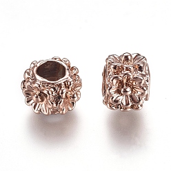Rose Gold Alloy European Beads, Long-Lasting Plated, Large Hole Beads, Rondelle with Flower Pattern, Rose Gold, 10x7mm, Hole: 5mm