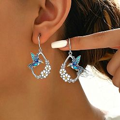Pale Turquoise Alloy Enamel Bird & Flower Dangle Earrings for Women, Platinum, Pale Turquoise, 30mm