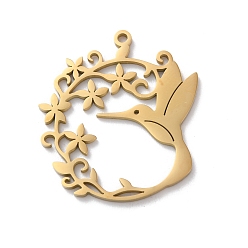 Настоящее золото 18K 304 подвески из нержавеющей стали, лазерная резка, подвеска колибри с цветком, реальный 18 k позолоченный, 29x25.5x1 мм, отверстие : 1.5 мм