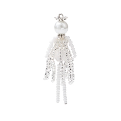 Красный Стеклянные бусы большие подвески, маленький человек в платье с бахромой, с жемчужными бусинами и акриловыми бусинами, красные, 52.5x16x14 мм, отверстие : 1.8 мм