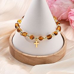 Янтарный 304 браслеты с подвесками в виде маленького крестика из нержавеющей стали, Эластичные браслеты из натурального янтаря и немагнитных синтетических гематитовых бусин для женщин и мужчин., куб и круглый, внутренний диаметр: 2.20 дюйм (5.6 см)