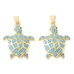 Chapado en Oro Real 18K Colgantes de circonita cúbica azul cielo con micro pavé de latón, encantos de tortuga, chapado en rack, larga duración plateado, sin plomo y cadmio, real 18 k chapado en oro, 27x21.5x5.5 mm, agujero: 5x3.5 mm