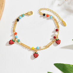 Farbig Boho-Fußkettchen aus Messing, Emaille, roter Erdbeeranhänger, Kunststoffperlenkette, doppelreihig, perfekt für den Strandurlaub, golden, Farbig, 10 Zoll (255 mm)