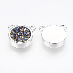 Purple Natural Druzy Agate Pendants, with 925 Sterling Silver Plated Brass Findings, Flat Round, Dyed, Purple, 11x11.5x3~3.5mm, Hole: 2mm