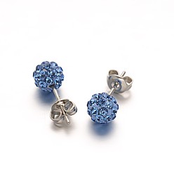 Свет Сапфира Полимерная глина горный хрусталь мяч серьги, с выводами серьги из нержавеющей стали, цвет нержавеющей стали, света сапфир, 6 мм , штифт: 0.8 мм