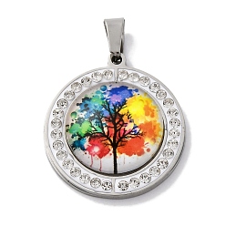 Нержавеющая Сталь Цвет Стеклянные подвески, плоско-круглые, со стеклом и выводами 201 из нержавеющей стали, цвет нержавеющей стали, 29x26x6.5 мм, отверстие : 6x3 мм