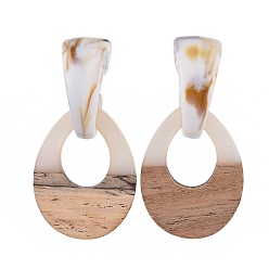 White Resin & Wood Stud Earrings, with Acrylic, 304 Stainless Steel Stud Earring Findings and Plastic Ear Nuts, Teardrop, White, 56mm, Pin: 0.7mm