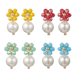 (52) Непрозрачная лаванда 4 пары 4 цветные стеклянные и перламутровые серьги-гвоздики с круглыми подвесками, с латунными серьгами, реальный 24 k позолоченный, разноцветные, 22x12 мм, 1 пара / цвет