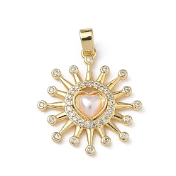 Настоящее золото 18K Латунные микро проложить кубического циркония подвески, с abs имитационными жемчужными бусинами , солнце с сердечным очарованием, реальный 18 k позолоченный, 22x20x3.5 мм, отверстие : 4x2.5 мм