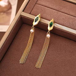 Golden Brass & Cubic Zirconia Stud Earrings, Nuggets, Tassel Earrings, Golden, 72x9mm
