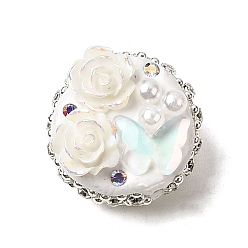 Белый Ручной полимерной глины шариков Rhinestone, с использованием смолы, АБС-пластика, искусственного жемчуга и железа., бусины в виде диско-шаров с цветами и бабочками, белые, 21~23x15~17 мм, отверстие : 1.8 мм