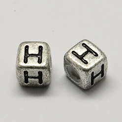 Letter H Античный посереброванный большой отверстие акрил письмо европейский бисер, горизонтальное отверстие, куб с letter.h, 6x6x6 мм, отверстие : 4 мм, Около 2950 шт / 500 г