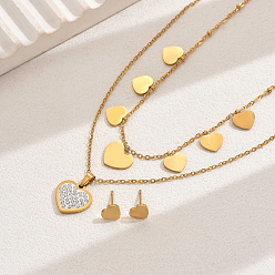 Настоящее золото 18K Элегантные винтажные серьги-гвоздики в форме сердца из нержавеющей стали со стразами и двухслойные комплекты ожерелий для женщин, реальный 18 k позолоченный, ожерелья: 17.32 дюйм (44 см)