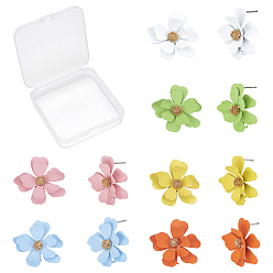 Gemischte Farbe 12 Stück 6 Farben, umweltfreundliche Ohrstecker aus Eisen, sprühlackiert, mit Schlaufen und rohen (nicht plattierten) Stiften, Blume, Cadmiumfrei und Nickel frei und Bleifrei, Gemischte Farbe, 25x28x6 mm, Bohrung: 1.5 mm, Stift: 0.7 mm, 2 Stk. je Farbe