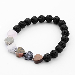 Смешанные камни Эластичные браслеты из бусин из натуральной лавы, с сердцем драгоценный камень бисер, железо разделительные бисер и эластичная нить кристалл, 2-1/4 дюйм (55 мм)