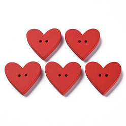 Red 2-Hole Spray Painted Wood Buttons, Heart, Red, 22.5x23.5x3.5mm, Hole: 1.6mm