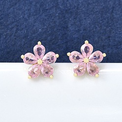 Настоящее золото 16K Женские серьги-гвоздики из латуни с фианитами, цветок, реальный 16 k позолоченный, 9.5x10 мм