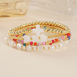 Color mezclado Conjuntos de pulseras elásticas con cruz de concha natural, corazón, vidrio y cuentas de latón., pulseras apilables ajustables para mujer, dorado, color mezclado, 6.50~6.89 pulgadas (16.5~17.5 cm). 5 piezas/juego