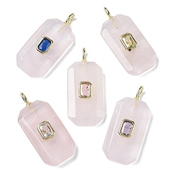 Розовый Кварц Ограненные подвески из натурального розового кварца, прямоугольные подвески с латунной микропаве кубическими цирконами случайных цветов, золотые, 34.5x15x6 мм, отверстие : 4x2 мм